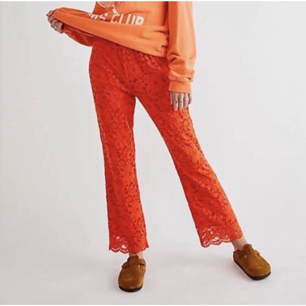 Free People Pants Medium Mandarin Orange Red Flare Wild Lace Pull On Crop NWT